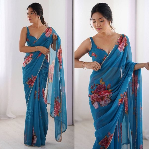 Organic Teal Blue Elegant Soft Georgette Silk Saree with Pearl Lace and Printed Design Printed Cotton Sarees Wholesale