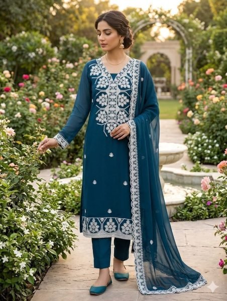 Organic Teal Blue Premium Georgette Multi Aari Embroidered Suit Set at Wholesale Rate Color Set Matching Dress Material Wholesale