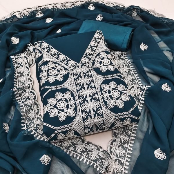 Organic Teal Blue Premium Georgette Multi Aari Embroidered Suit Set at Wholesale Rate Color Set Matching Dress Material Wholesale