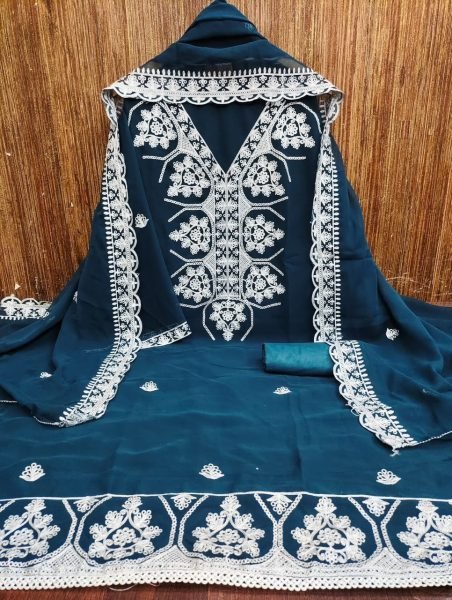 Organic Teal Blue Premium Georgette Multi Aari Embroidered Suit Set at Wholesale Rate Color Set Matching Dress Material Wholesale
