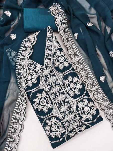 Organic Teal Blue Premium Georgette Multi Aari Embroidered Suit Set at Wholesale Rate Color Set Matching Dress Material Wholesale