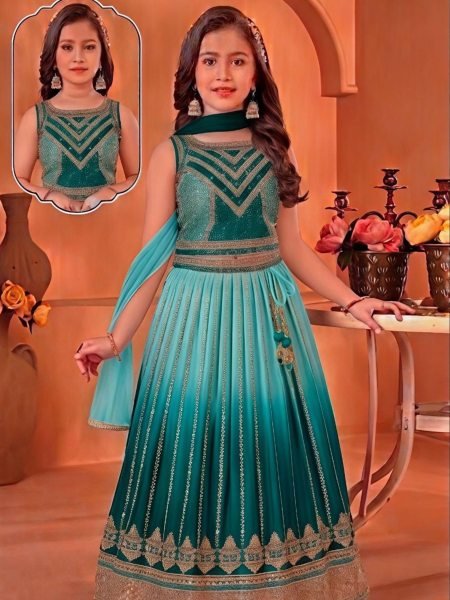 Organic Teal Green Chinon Silk Lehenga Set with Butterfly Net Dupatta for Grand Celebrations 