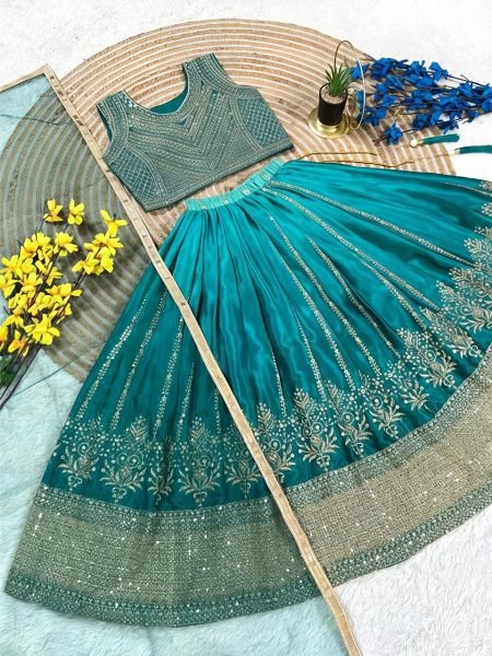 Organic Teal Green Chinon Silk Lehenga Set with Butterfly Net Dupatta for Grand Celebrations Girls Wear