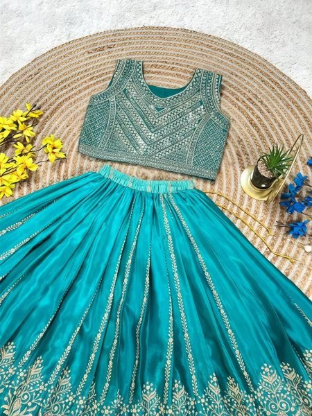 Organic Teal Green Chinon Silk Lehenga Set with Butterfly Net Dupatta for Grand Celebrations Girls Wear