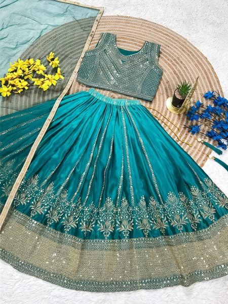 Organic Teal Green Chinon Silk Lehenga Set with Butterfly Net Dupatta for Grand Celebrations Girls Wear
