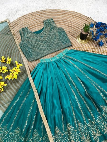 Organic Teal Green Chinon Silk Lehenga Set with Butterfly Net Dupatta for Grand Celebrations Girls Wear
