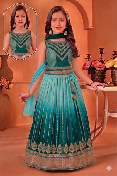 Organic Teal Green Chinon Silk Lehenga Set with Butterfly Net Dupatta for Grand Celebrations Girls Wear