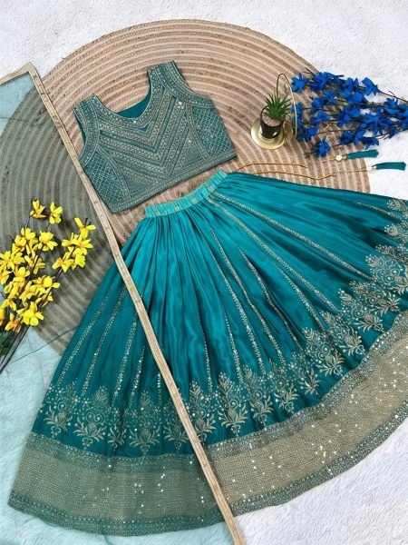 Organic Teal Green Chinon Silk Lehenga Set with Butterfly Net Dupatta for Grand Celebrations Girls Wear