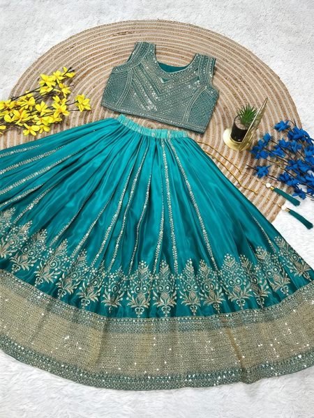 Organic Teal Green Chinon Silk Lehenga Set with Butterfly Net Dupatta for Grand Celebrations Girls Wear