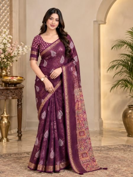 Organic Wine Cotton Jacquard Saree with Full Zari Weaving at Wholesale Rate Sarees 