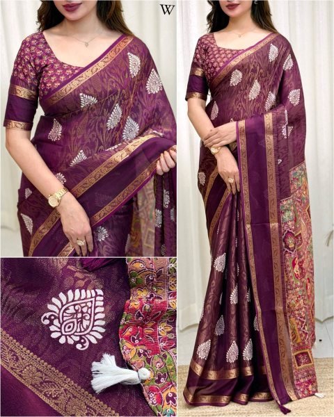Organic Wine Cotton Jacquard Saree with Full Zari Weaving at Wholesale Rate Printed Cotton Sarees Wholesale