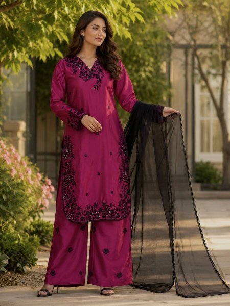 Organic Wine Crepe Embroidered Kurti Palazzo Set with Organza Lace Dupatta for Women 