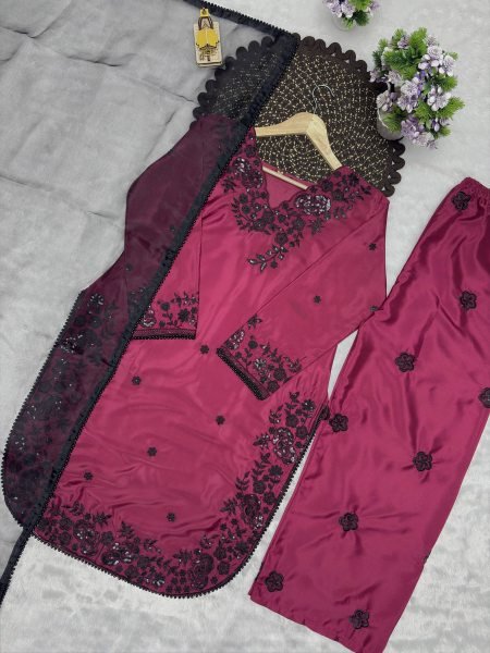 Organic Wine Crepe Embroidered Kurti Palazzo Set with Organza Lace Dupatta for Women Ready To Wear Collection