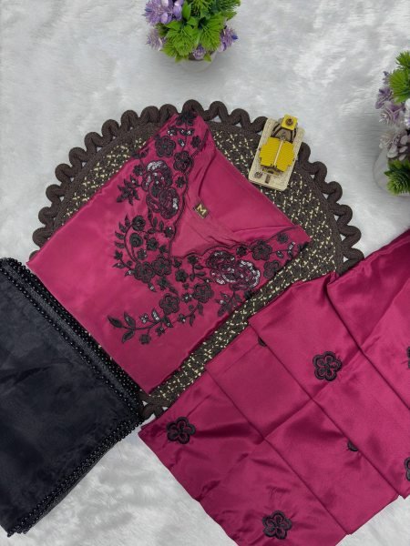 Organic Wine Crepe Embroidered Kurti Palazzo Set with Organza Lace Dupatta for Women Ready To Wear Collection