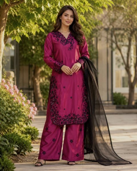 Organic Wine Crepe Embroidered Kurti Palazzo Set with Organza Lace Dupatta for Women Ready To Wear Collection