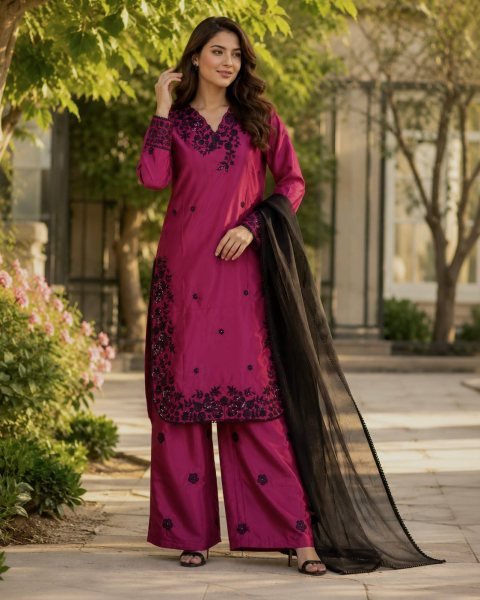 Organic Wine Crepe Embroidered Kurti Palazzo Set with Organza Lace Dupatta for Women Ready To Wear Collection