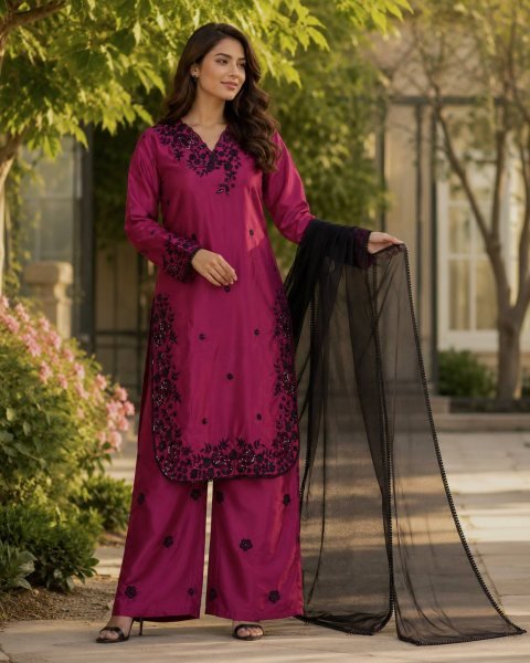 Organic Wine Crepe Embroidered Kurti Palazzo Set with Organza Lace Dupatta for Women Ready To Wear Collection