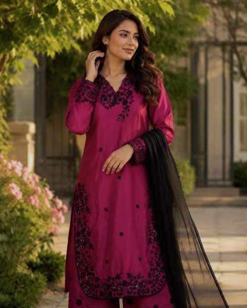Organic Wine Crepe Embroidered Kurti Palazzo Set with Organza Lace Dupatta for Women Ready To Wear Collection