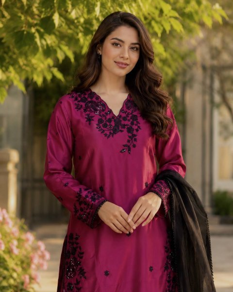 Organic Wine Crepe Embroidered Kurti Palazzo Set with Organza Lace Dupatta for Women Ready To Wear Collection