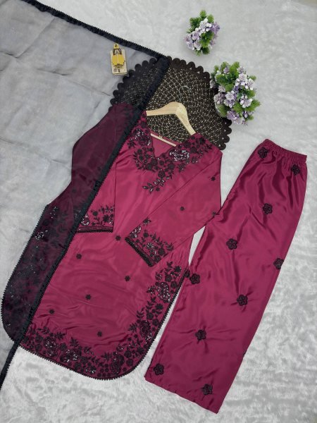 Organic Wine Crepe Embroidered Kurti Palazzo Set with Organza Lace Dupatta for Women Ready To Wear Collection