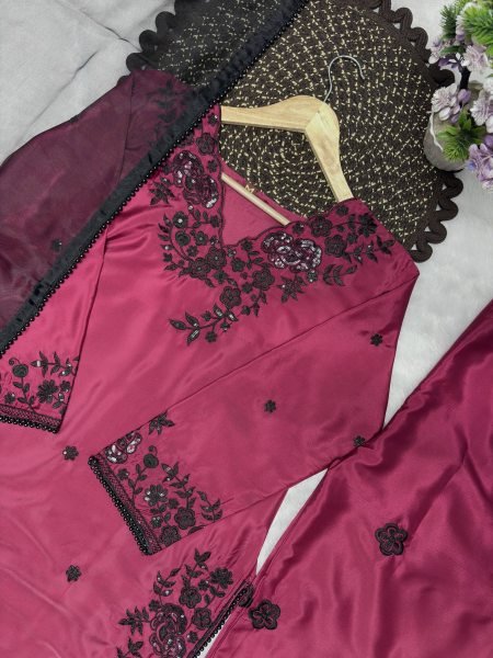Organic Wine Crepe Embroidered Kurti Palazzo Set with Organza Lace Dupatta for Women Ready To Wear Collection