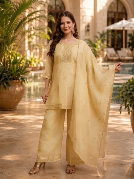 Organic Yellow Designer Crunchy Kurti Palazzo Set with Embroidered Work at Factory Price Kurtis
