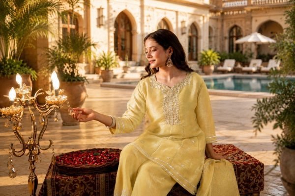 Organic Yellow Designer Crunchy Kurti Palazzo Set with Embroidered Work at Factory Price 3 Piece Kurti Set