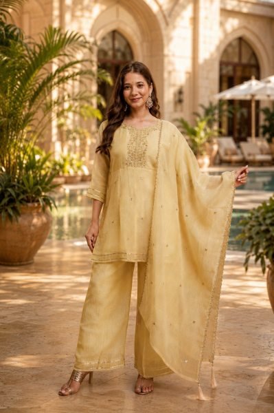 Organic Yellow Designer Crunchy Kurti Palazzo Set with Embroidered Work at Factory Price 3 Piece Kurti Set