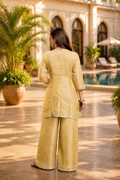 Organic Yellow Designer Crunchy Kurti Palazzo Set with Embroidered Work at Factory Price 3 Piece Kurti Set