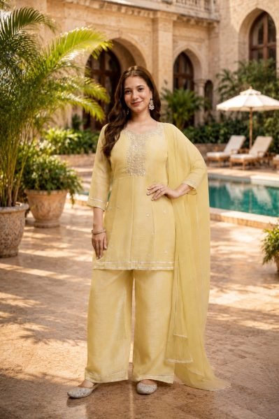 Organic Yellow Designer Crunchy Kurti Palazzo Set with Embroidered Work at Factory Price 3 Piece Kurti Set