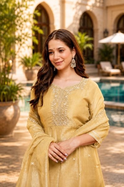 Organic Yellow Designer Crunchy Kurti Palazzo Set with Embroidered Work at Factory Price 3 Piece Kurti Set