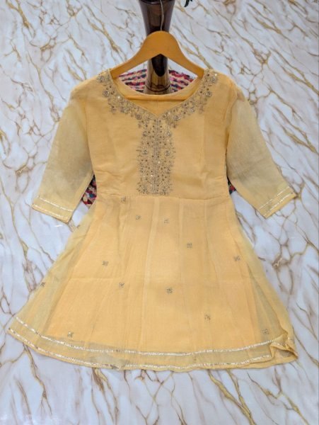 Organic Yellow Designer Crunchy Kurti Palazzo Set with Embroidered Work at Factory Price 3 Piece Kurti Set