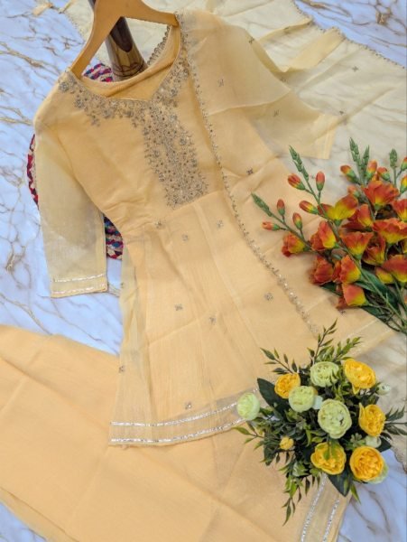 Organic Yellow Designer Crunchy Kurti Palazzo Set with Embroidered Work at Factory Price 3 Piece Kurti Set