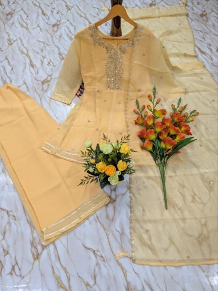 Organic Yellow Designer Crunchy Kurti Palazzo Set with Embroidered Work at Factory Price 3 Piece Kurti Set