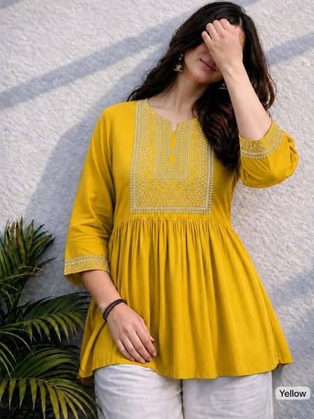 Organic Yellow Designer Party Wear Short Rayon Tunic with Embroidery Work For Bulk Order Kurtis