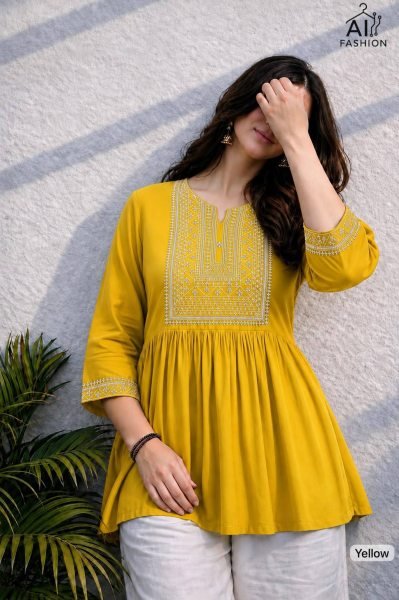 Organic Yellow Designer Party Wear Short Rayon Tunic with Embroidery Work For Bulk Order Tunics kurti