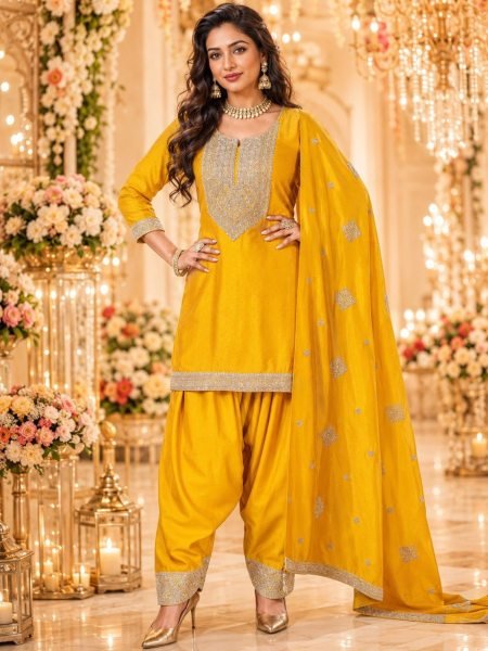 Organic Yellow Designer Vichitra Silk Kurti Dupatta with Farshi Salwar Ethnic Suit Set Salwar Kameez