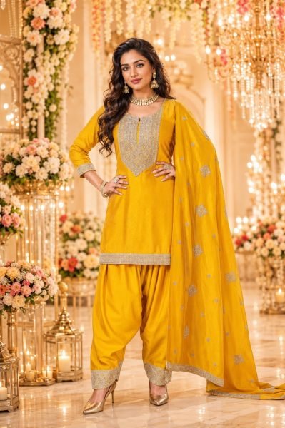 Organic Yellow Designer Vichitra Silk Kurti Dupatta with Farshi Salwar Ethnic Suit Set Embroidery Suits Wholesale