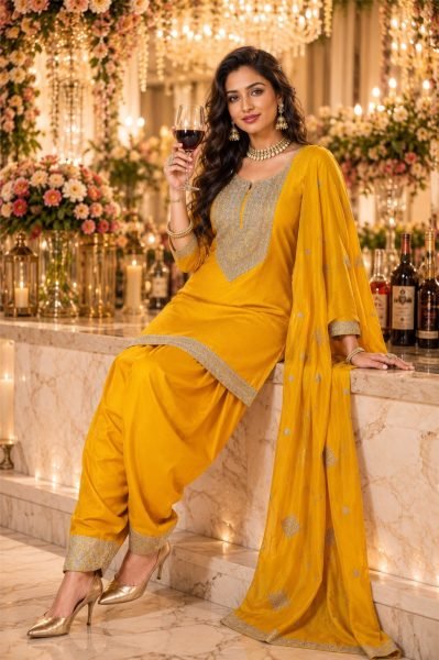 Organic Yellow Designer Vichitra Silk Kurti Dupatta with Farshi Salwar Ethnic Suit Set Embroidery Suits Wholesale