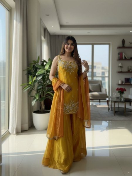 Organic Yellow Premium Chartin Kurti with Embroidered Pant and Dupatta Kurtis