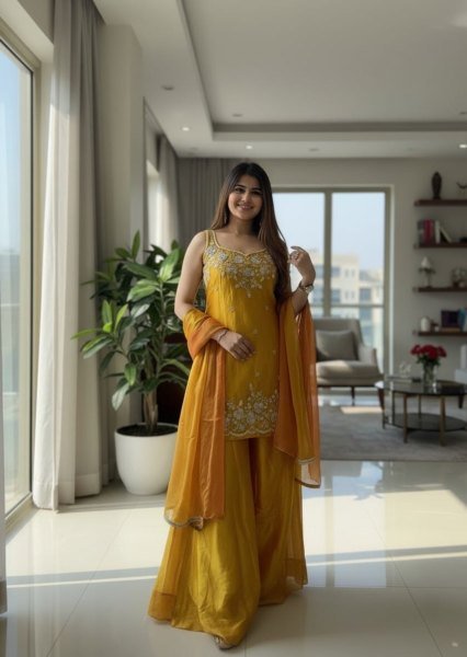 Organic Yellow Premium Chartin Kurti with Embroidered Pant and Dupatta 3 Piece Kurti Set