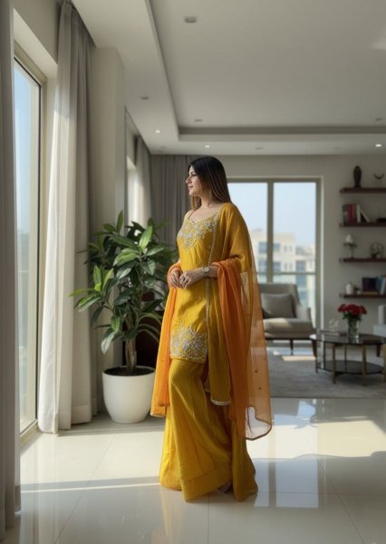 Organic Yellow Premium Chartin Kurti with Embroidered Pant and Dupatta 3 Piece Kurti Set
