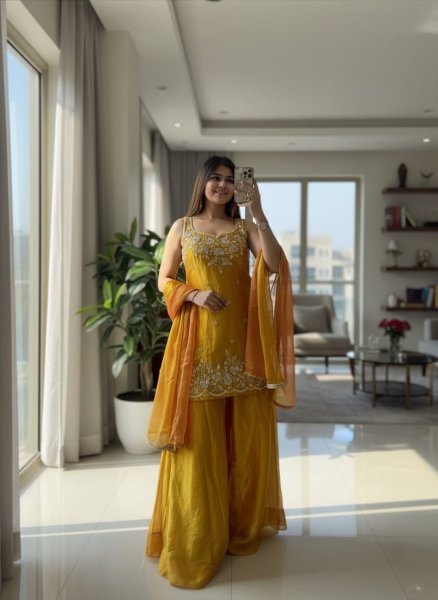 Organic Yellow Premium Chartin Kurti with Embroidered Pant and Dupatta 3 Piece Kurti Set