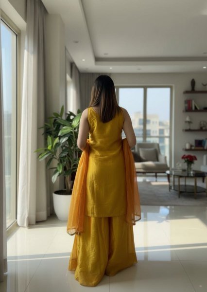 Organic Yellow Premium Chartin Kurti with Embroidered Pant and Dupatta 3 Piece Kurti Set