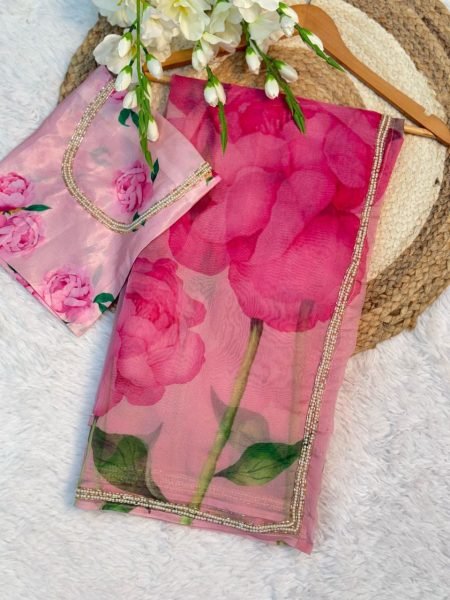Organza Beads Handwork Pink Organza Saree Best Price Organza Sarees Wholesale
