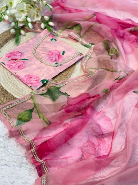 Organza Beads Handwork Pink Organza Saree Best Price Organza Sarees Wholesale