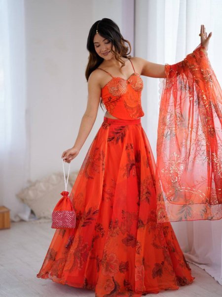 Organza Lehenga Set with Corset Blouse and Designer Batwa for Celebration Look  Lehenga