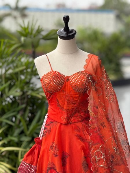 Organza Lehenga Set with Corset Blouse and Designer Batwa for Celebration Look Designer Lehenga Choli