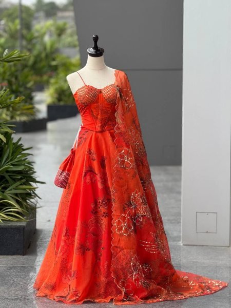 Organza Lehenga Set with Corset Blouse and Designer Batwa for Celebration Look Designer Lehenga Choli