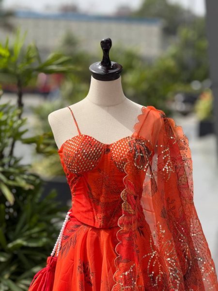 Organza Lehenga Set with Corset Blouse and Designer Batwa for Celebration Look Designer Lehenga Choli